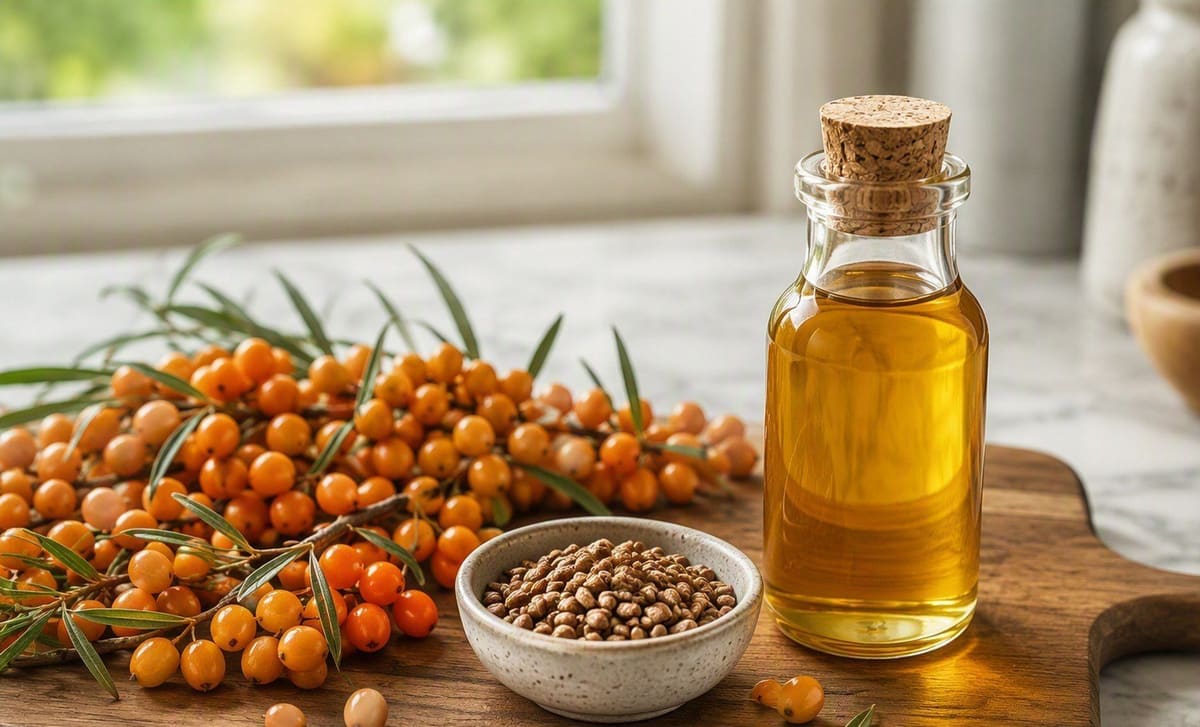 Fresh sea buckthorn berries, seeds, and a bottle of golden oil on a bright kitchen cutting board