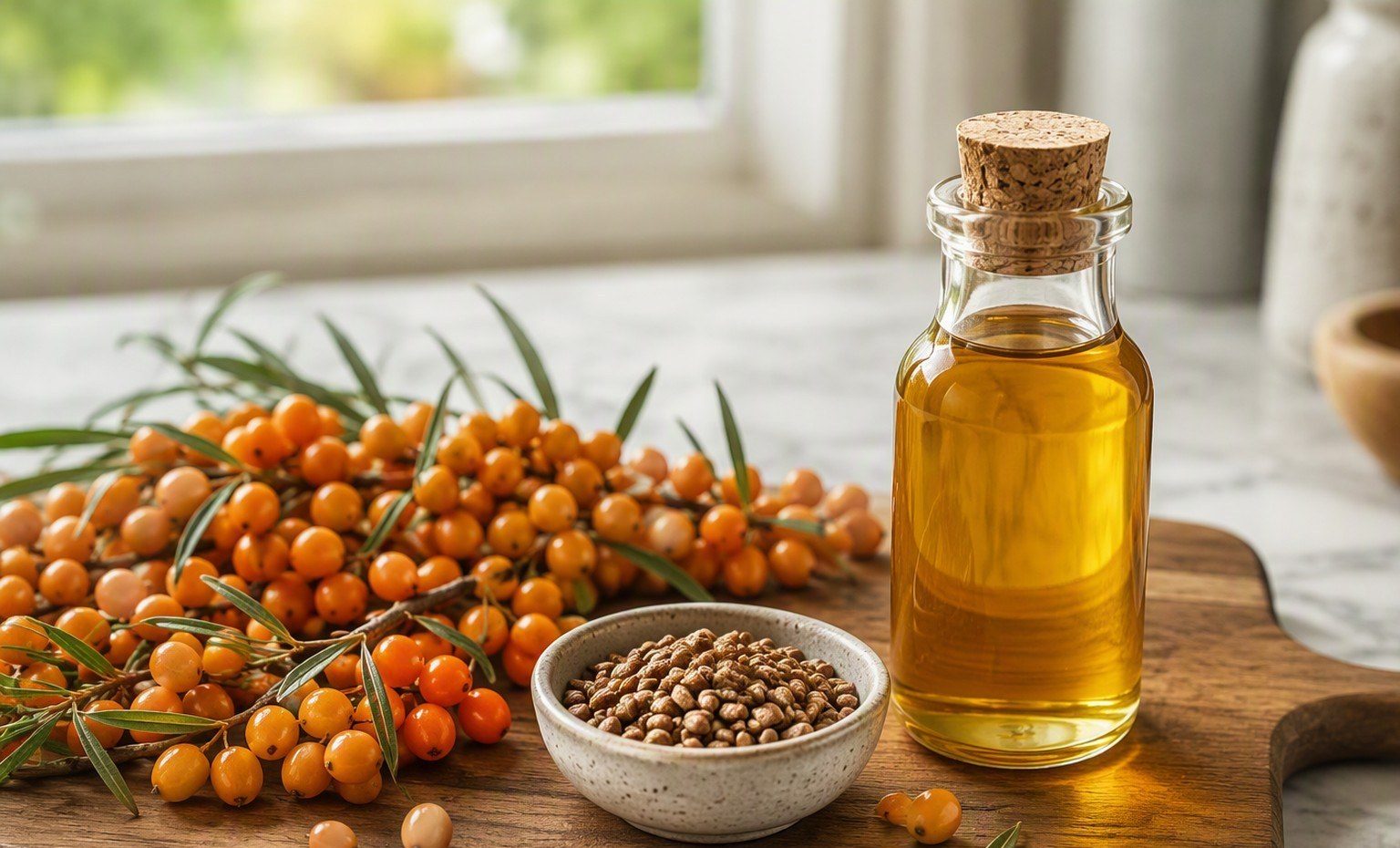 Fresh sea buckthorn berries, seeds, and a bottle of golden oil on a bright kitchen cutting board