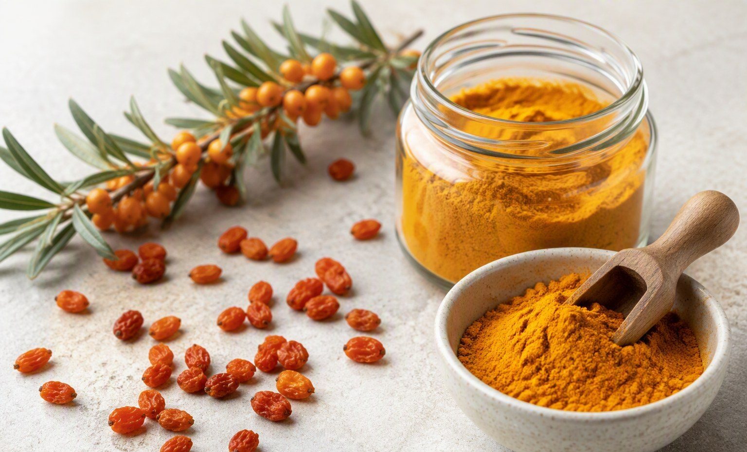 An open jar and bowl of vivid orange sea buckthorn powder with a wooden scoop and dried berries