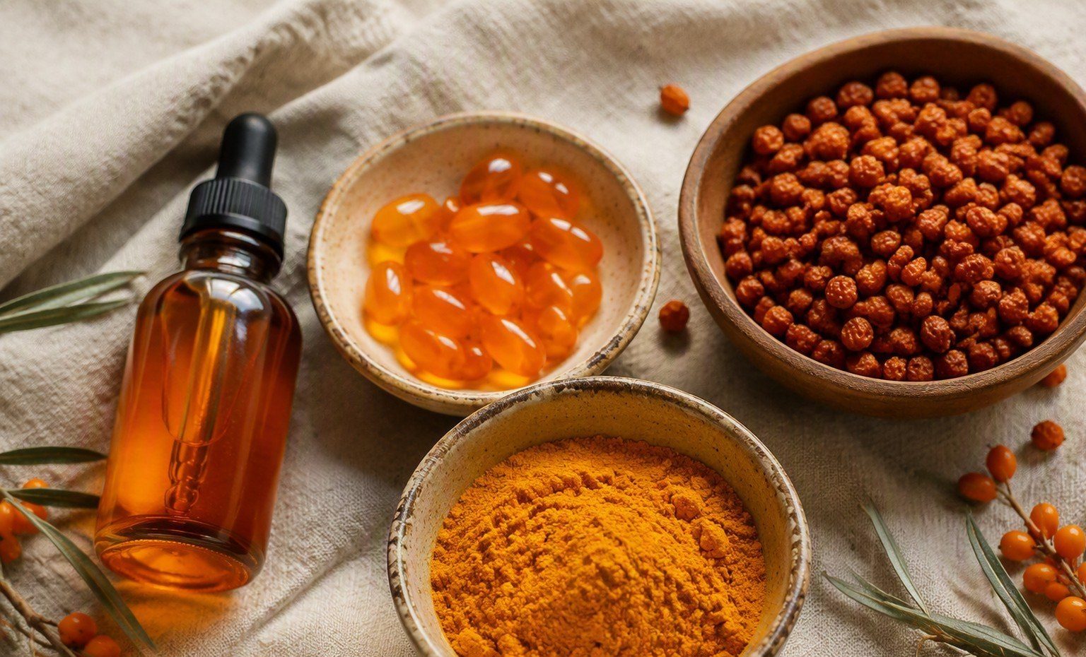 Sea buckthorn products arranged: an amber oil bottle, softgels, powder, dried berries, and fresh sprigs