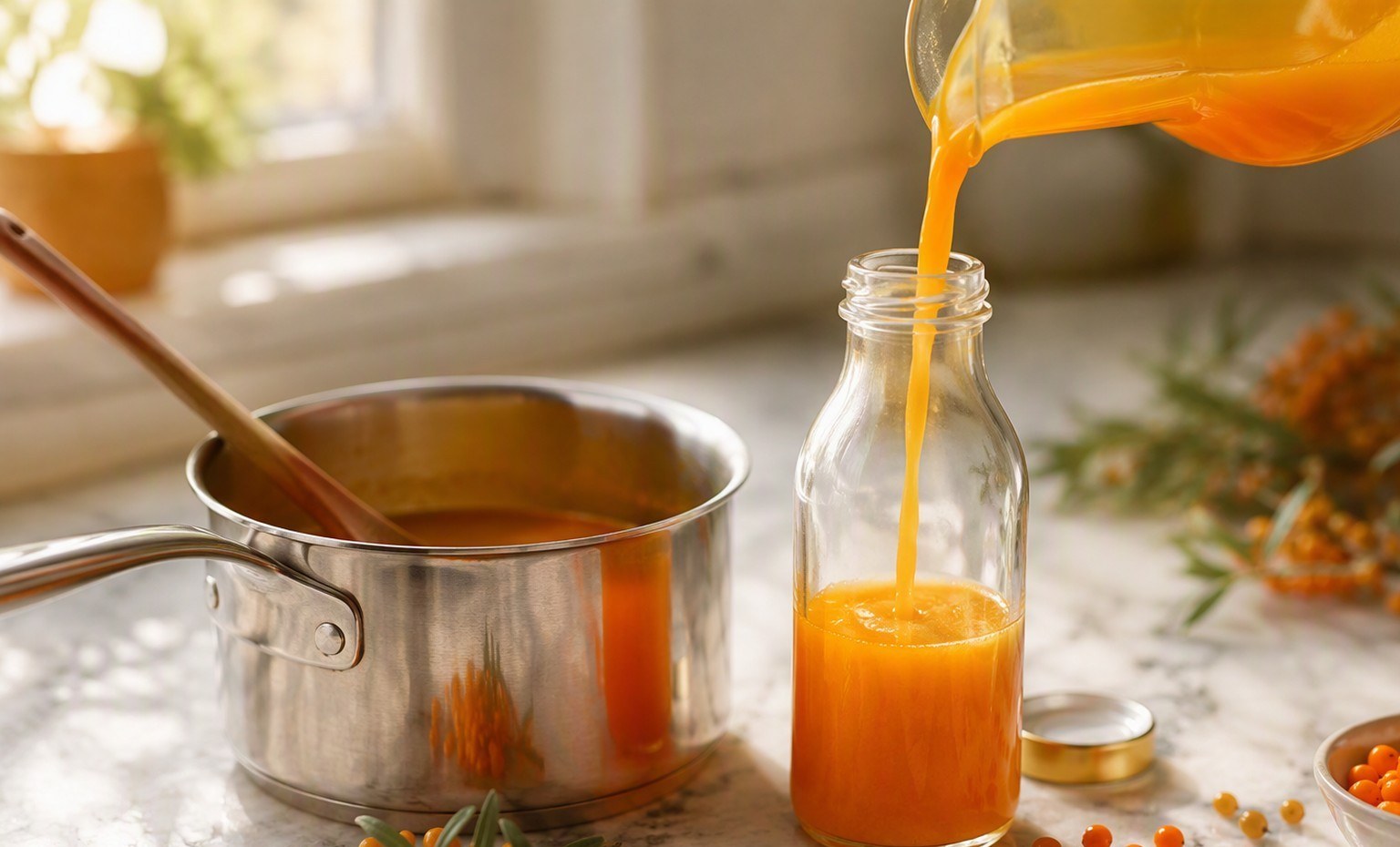 Fresh orange sea buckthorn juice poured into a glass bottle beside a saucepan