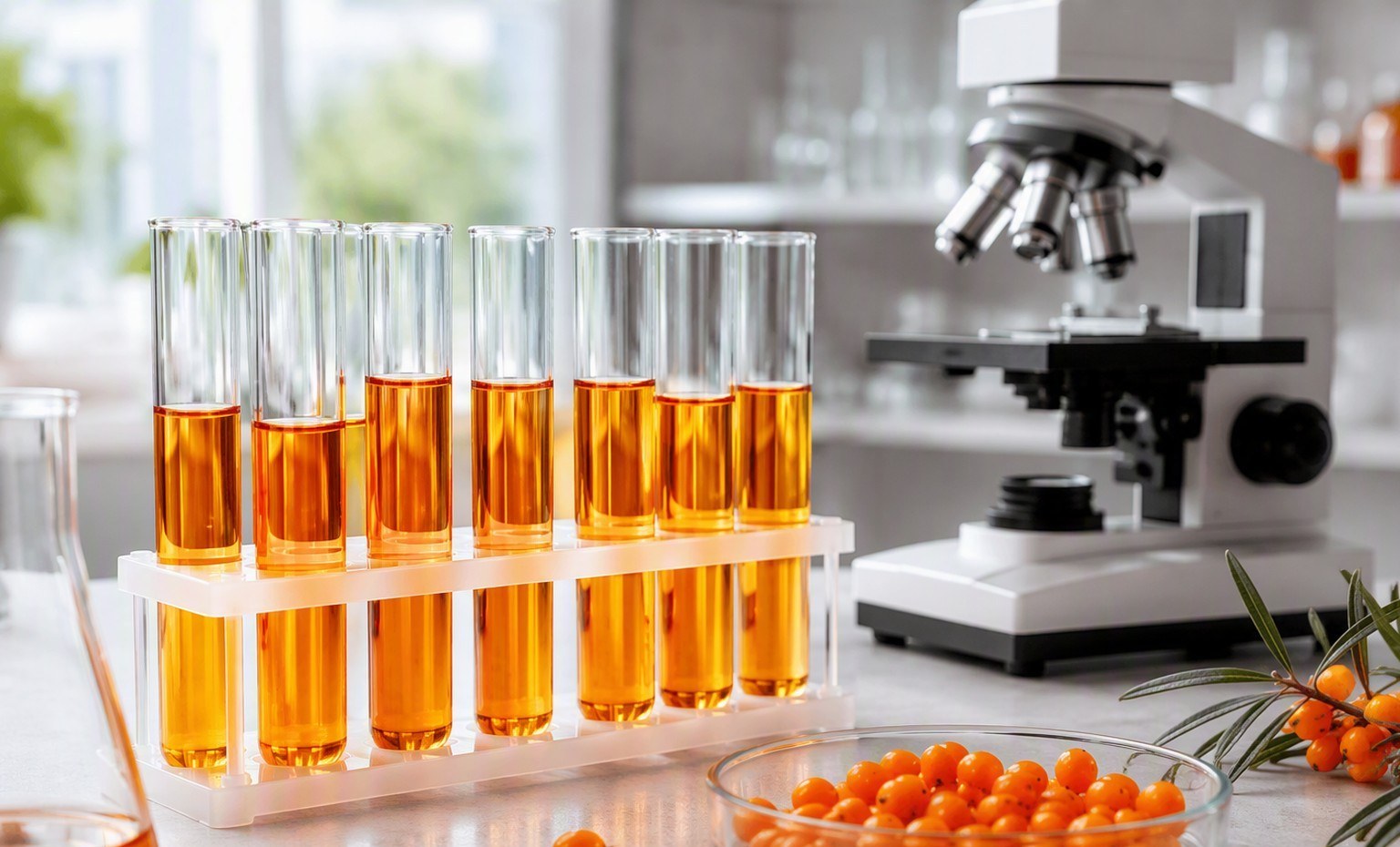 Test tubes of orange sea buckthorn oil, a petri dish with berries, and a microscope on a bench