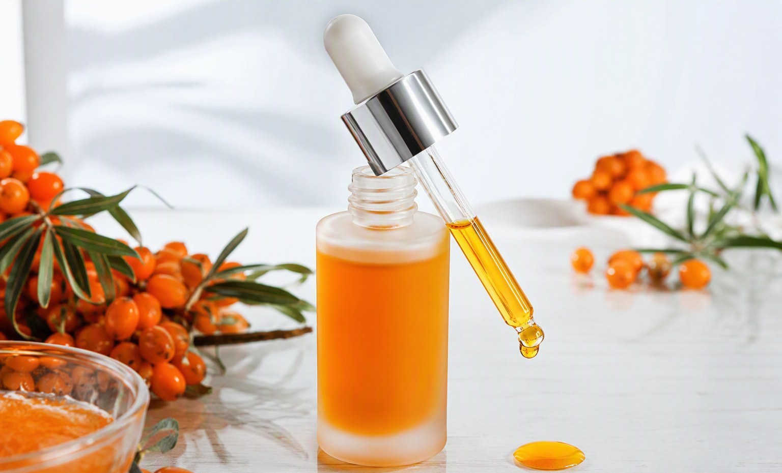 A frosted glass serum bottle with a dropper releasing a drop of orange sea buckthorn serum