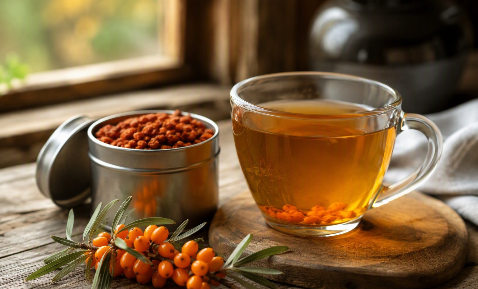A glass cup of sea buckthorn tea beside a tin of dried berries and a fresh berry branch