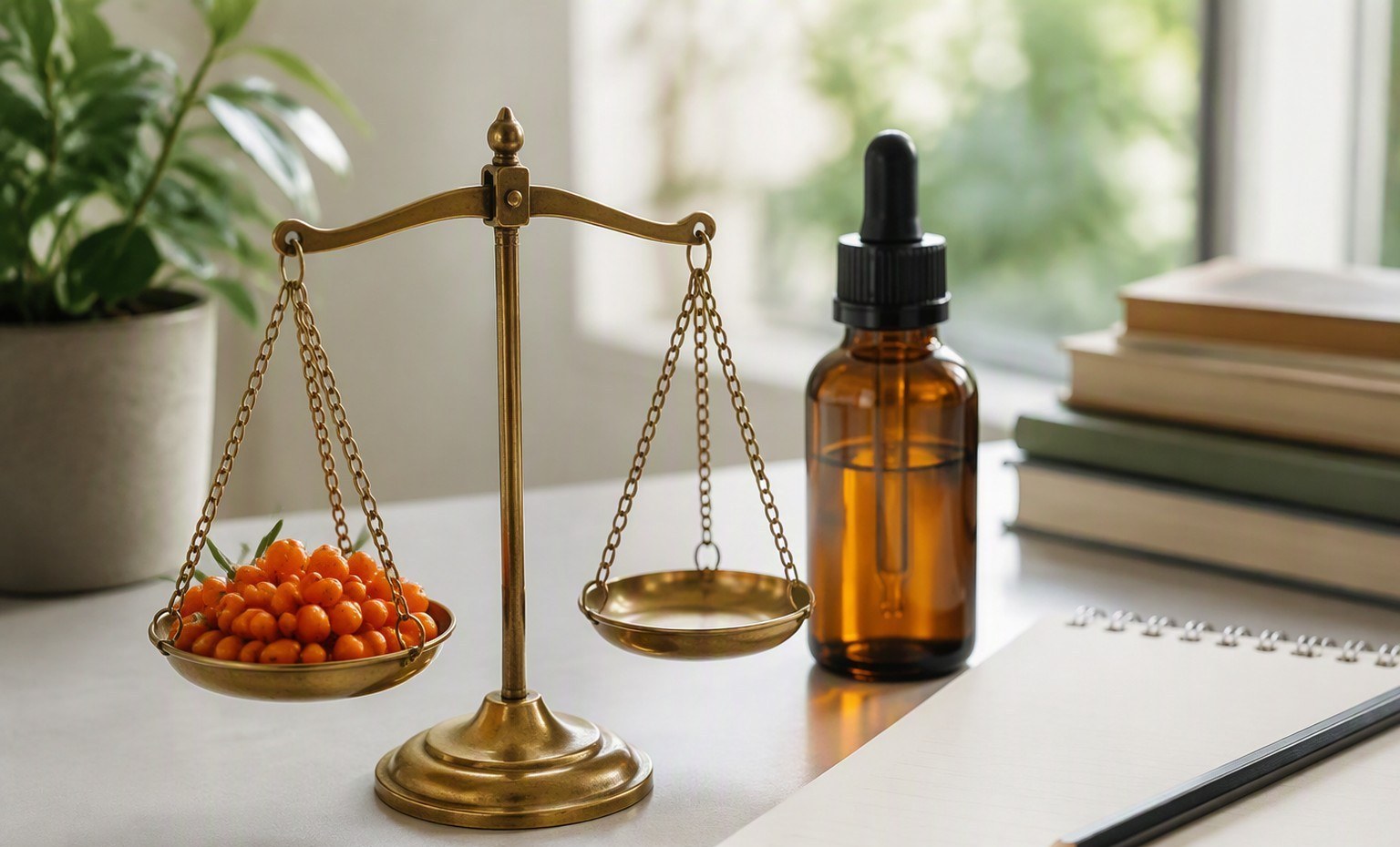 A brass balance scale holding bright orange sea buckthorn berries beside an oil bottle and notepad