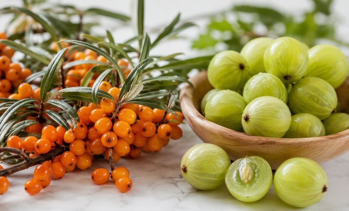 Fresh orange sea buckthorn berries beside green amla fruit on a bright counter