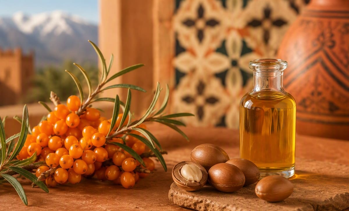 Sea buckthorn berries beside argan nuts and a bottle of golden argan oil on terracotta