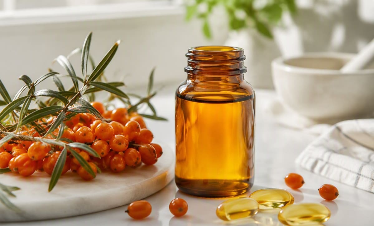 Sea buckthorn berries beside an amber bottle of cod liver oil and golden softgels