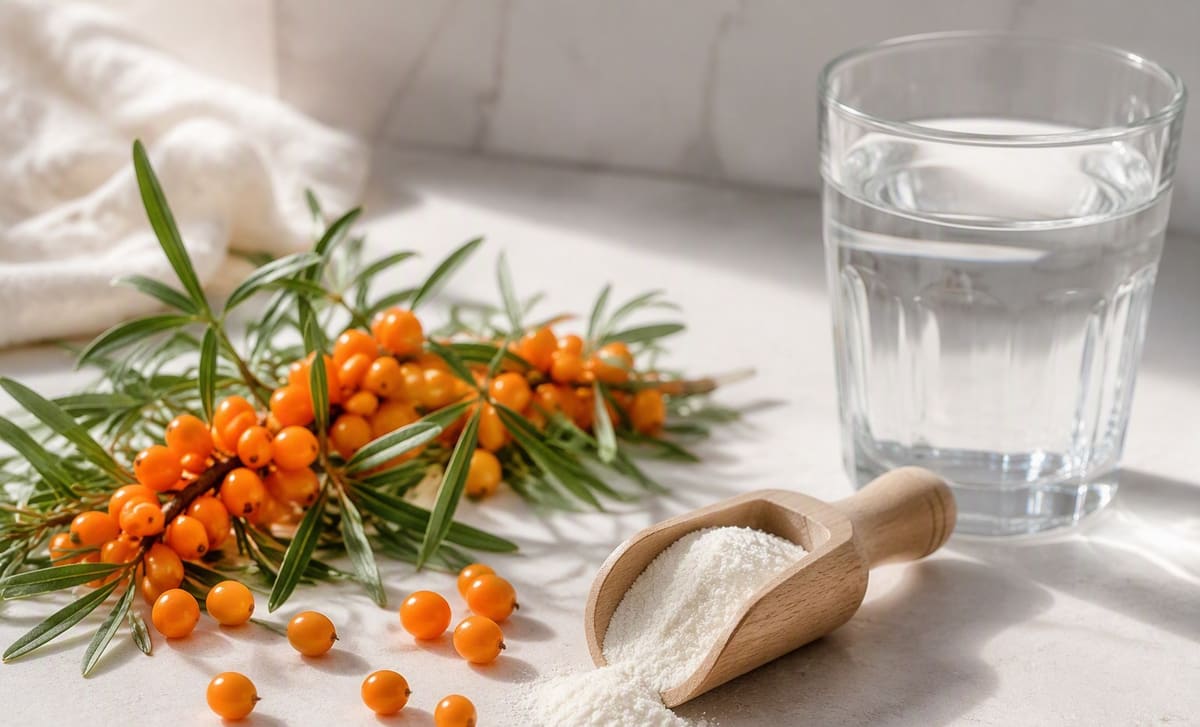 Sea buckthorn berries beside a scoop of white collagen powder and a glass of water