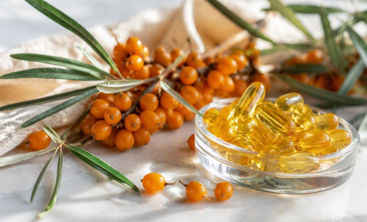 Sea buckthorn berries beside a glass dish of golden fish oil softgels