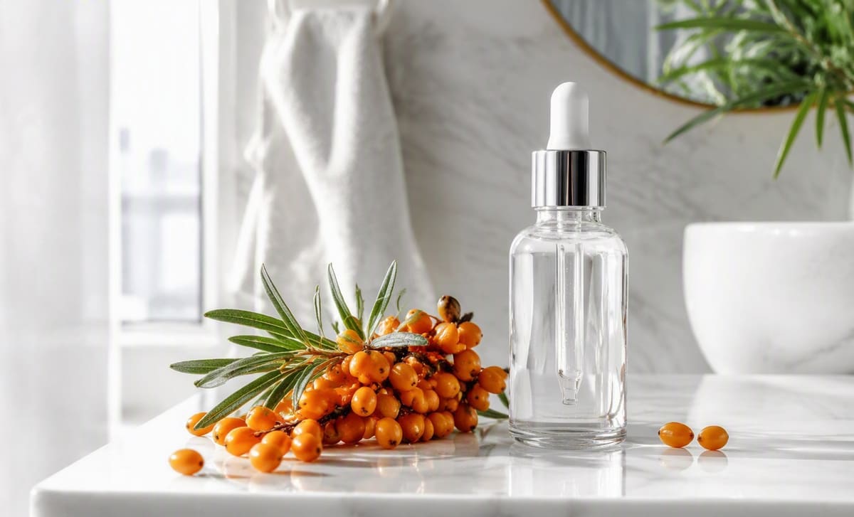 Sea buckthorn berries beside a clear dropper bottle of transparent serum on a shelf