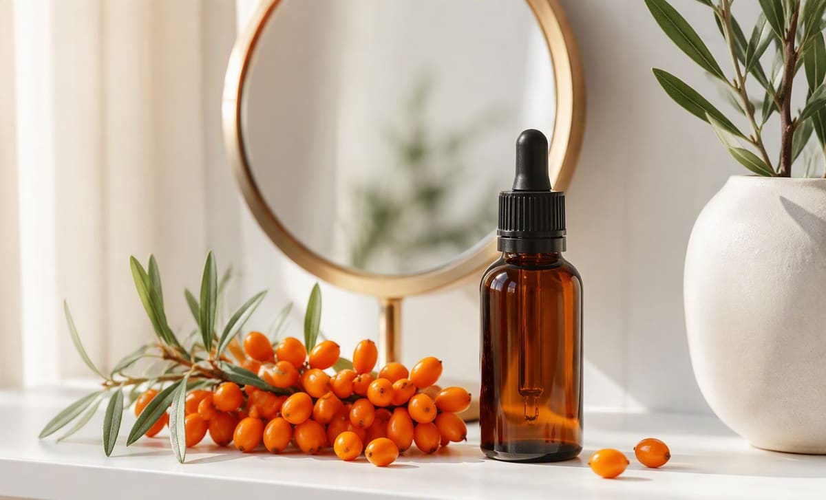 Sea buckthorn berries beside an unlabeled amber serum bottle and a small mirror