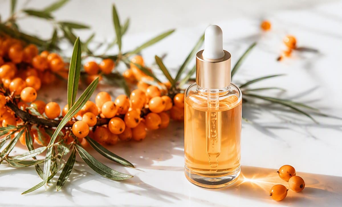 Sea buckthorn berries beside a dropper bottle of pale orange vitamin C serum