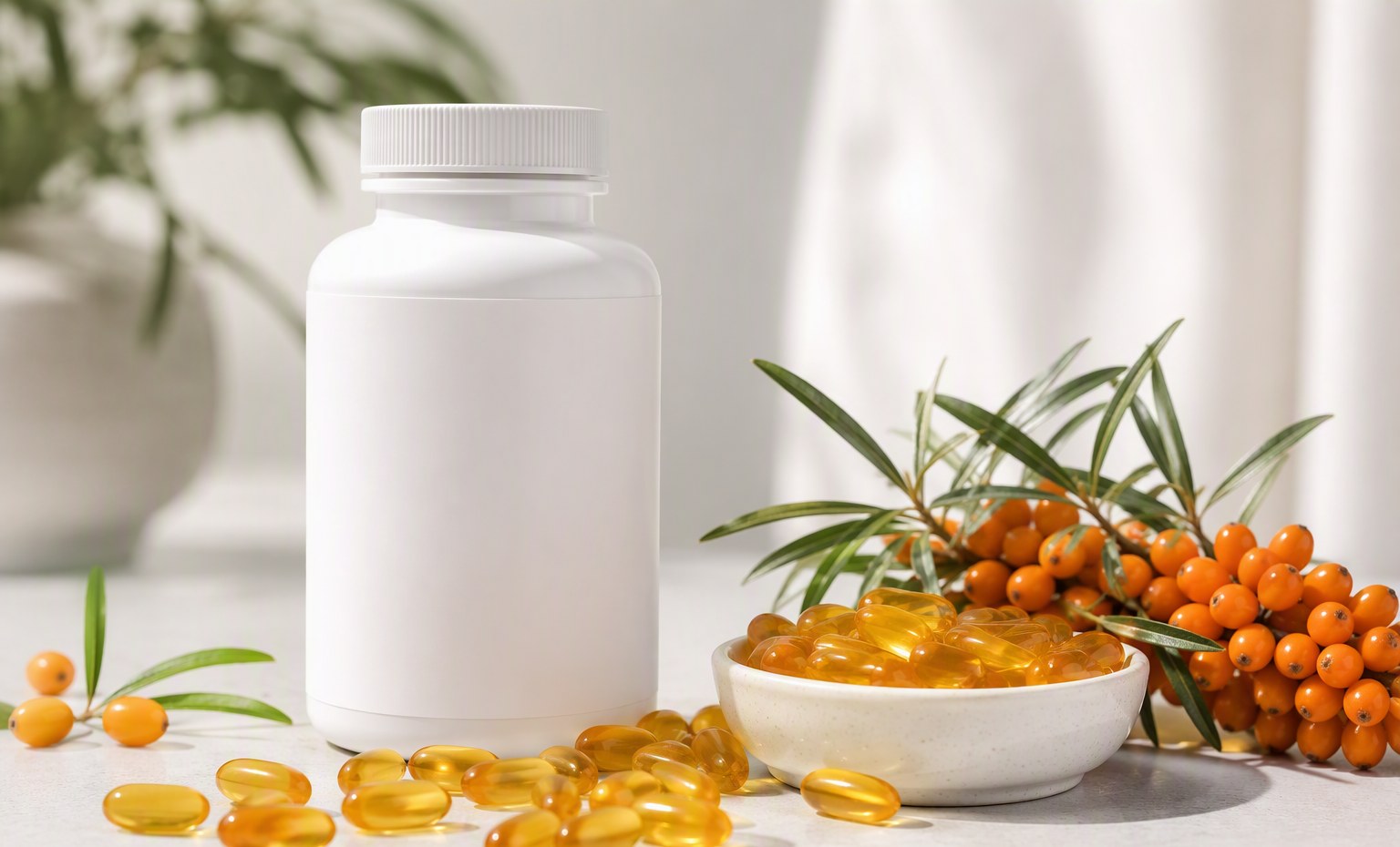 A plain white supplement bottle with golden sea buckthorn softgels in a bowl and fresh berries