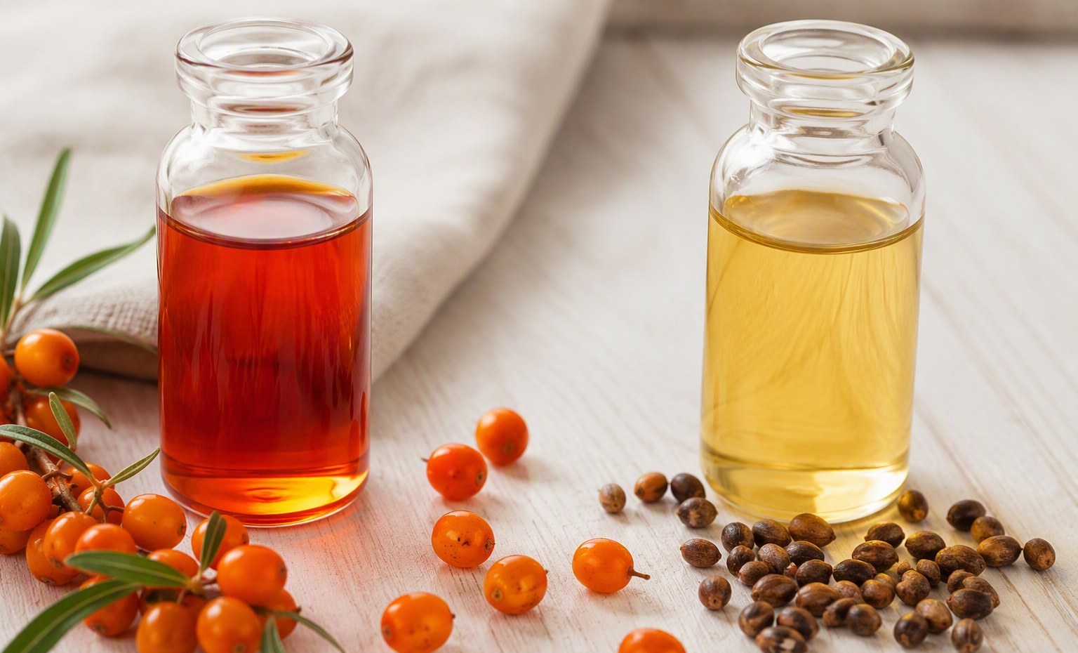 Two vials side by side: deep orange sea buckthorn berry oil and pale golden seed oil