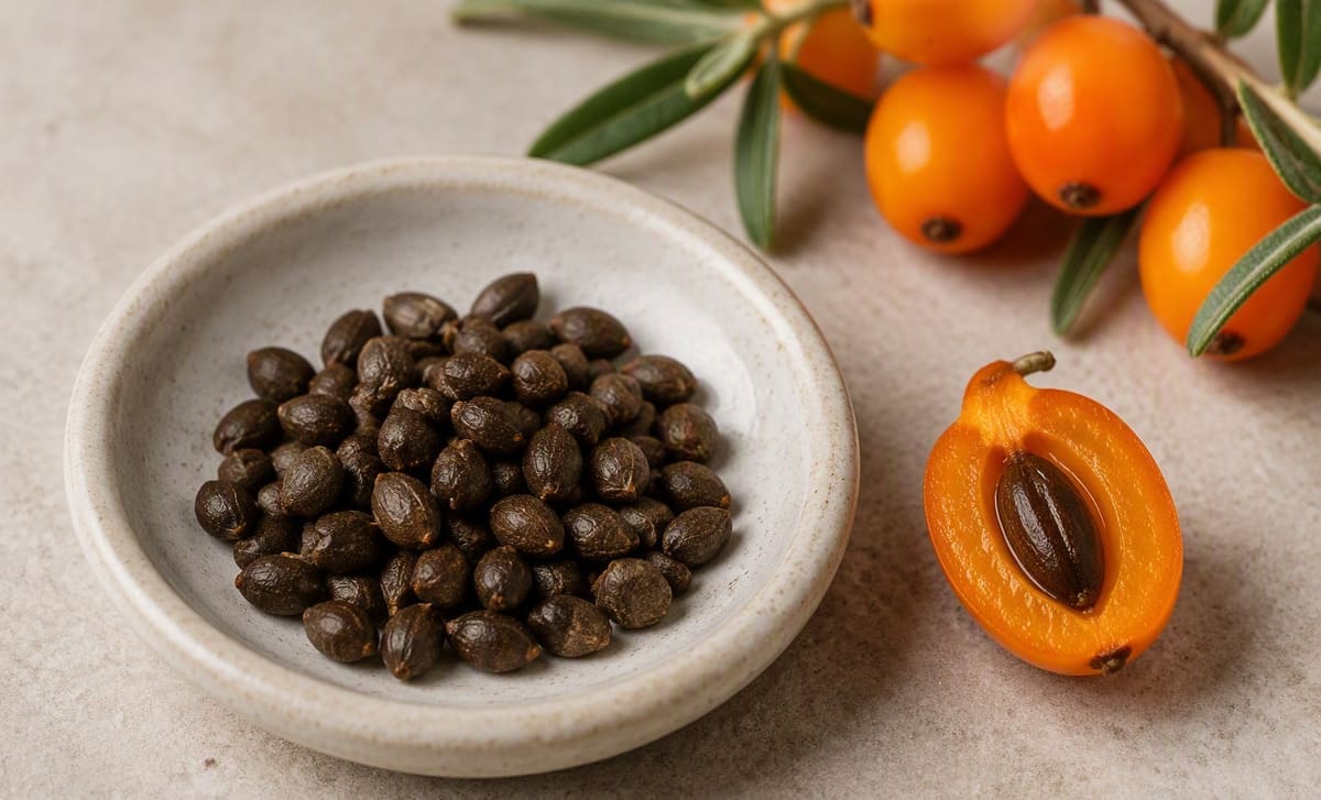 A dish of cleaned dark sea buckthorn seeds beside a halved berry showing the seed