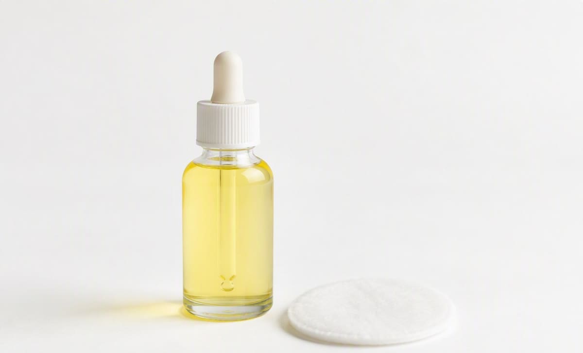 A single dropper bottle of pale sea buckthorn seed oil with a cotton pad on a white surface