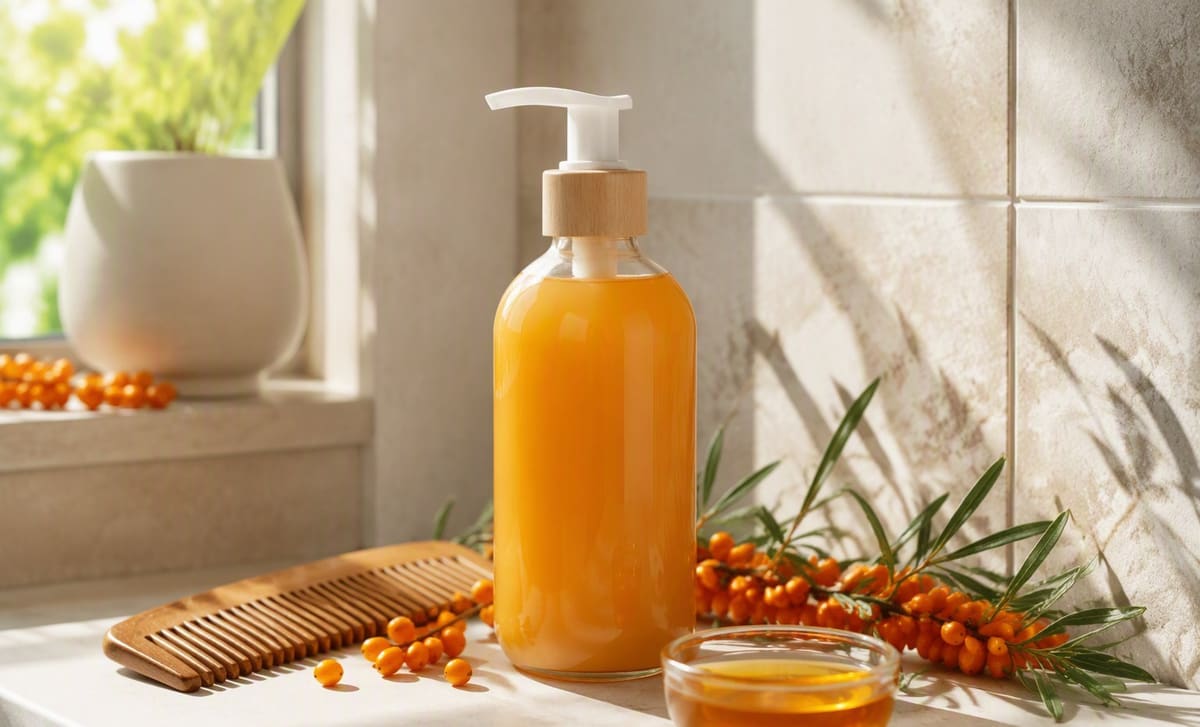 A plain pump bottle of sea buckthorn shampoo with a wooden comb and orange oil on a bright shelf