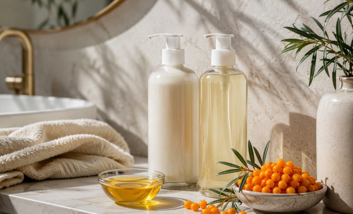 Two plain pump bottles beside a dish of golden sea buckthorn oil and berries on a bathroom shelf