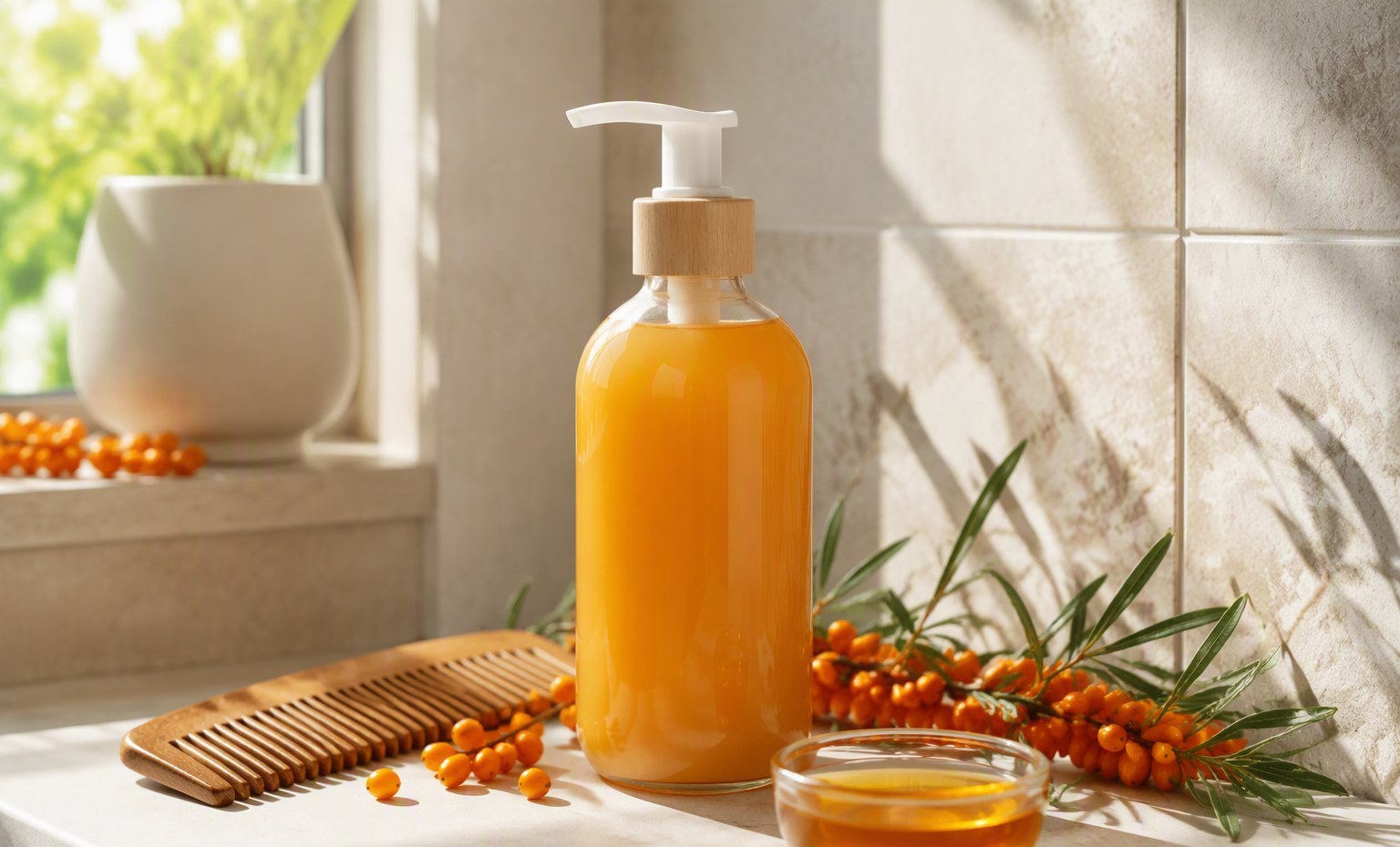 A plain pump bottle of sea buckthorn shampoo with a wooden comb and orange oil on a bright shelf