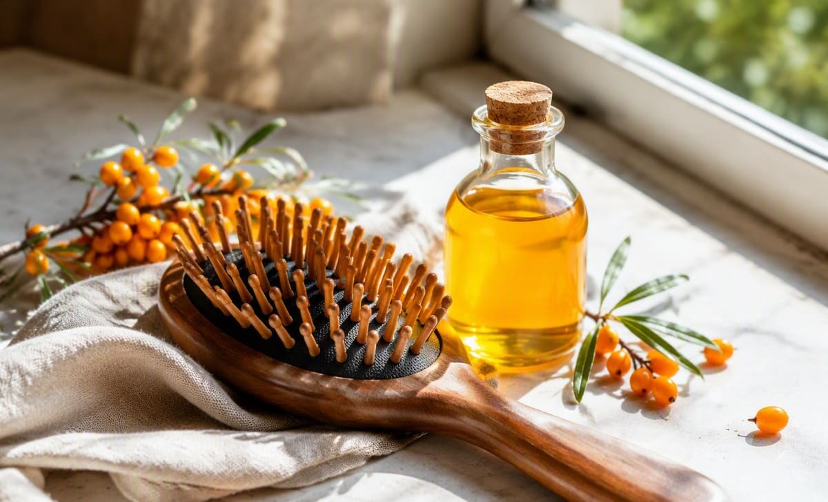 A polished wooden hairbrush beside a bottle of golden sea buckthorn oil in bright window light