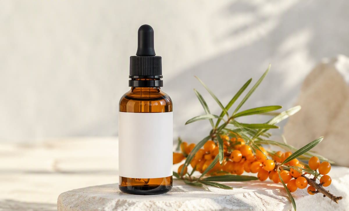 An amber dropper bottle of sea buckthorn oil with a blank label beside fresh berries on stone