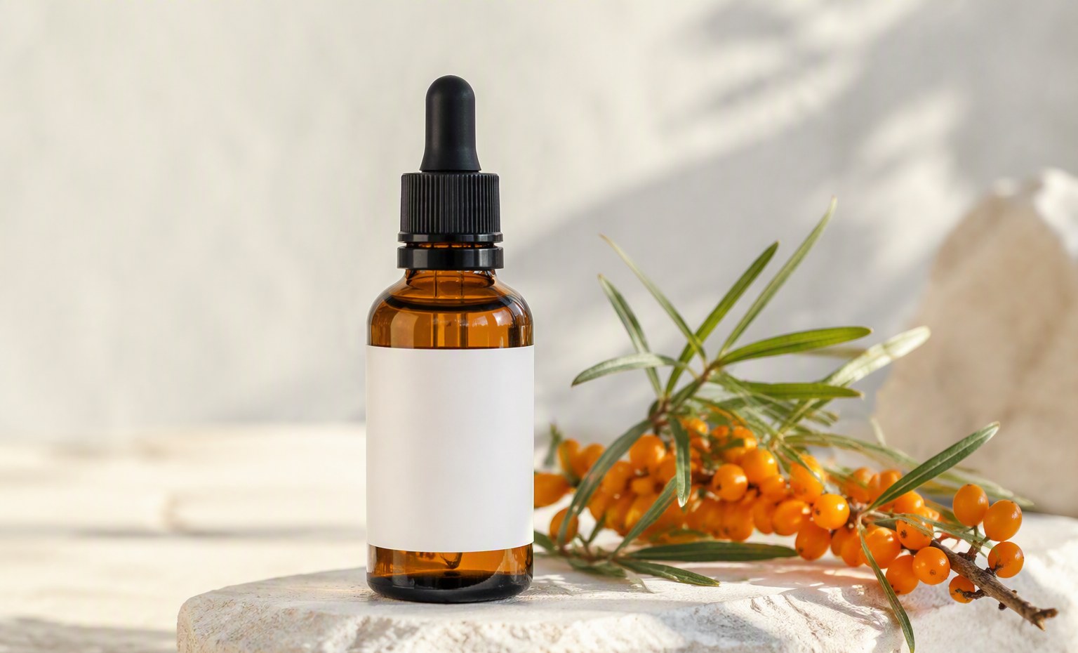 An amber dropper bottle of sea buckthorn oil with a blank label beside fresh berries on stone