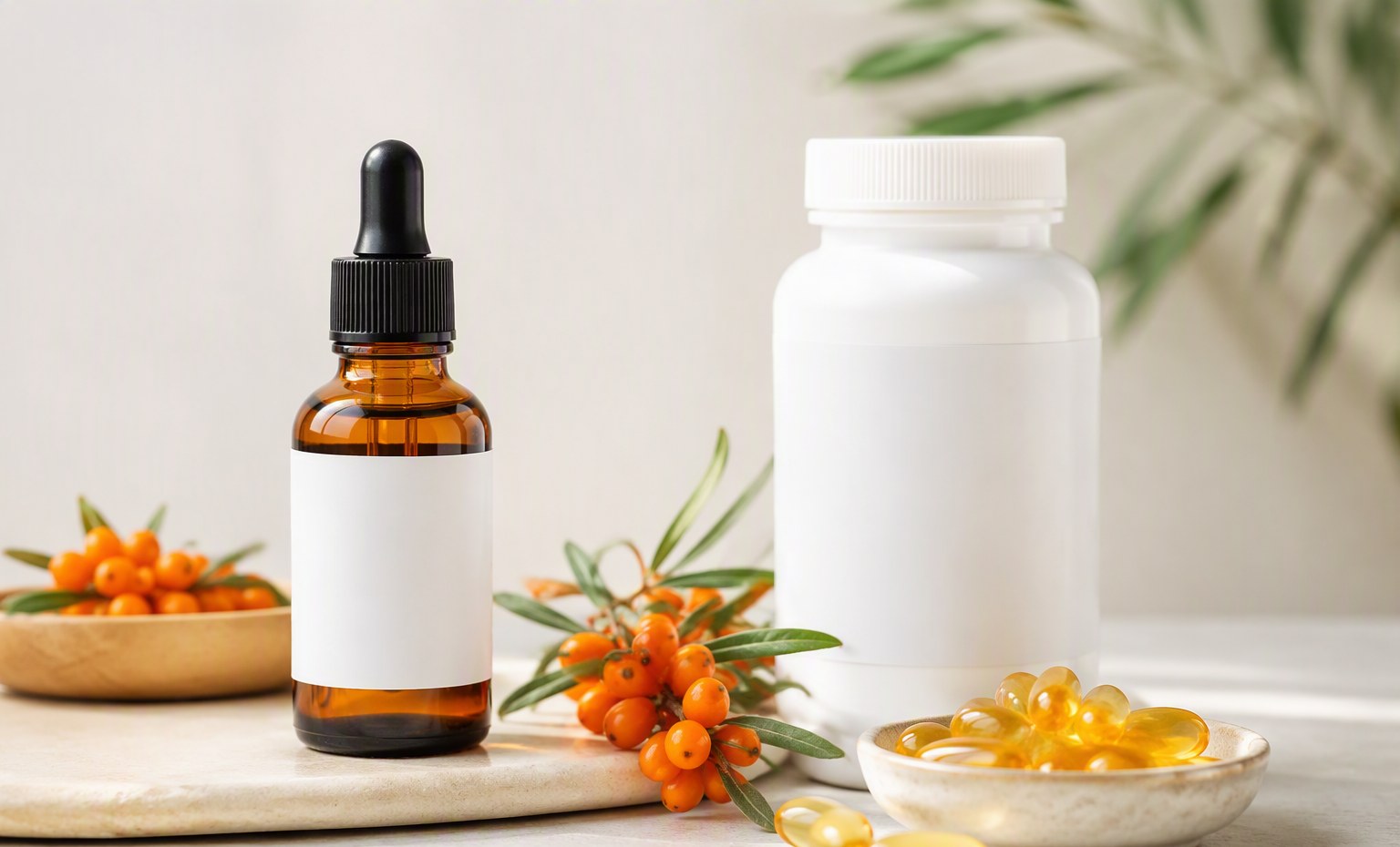 An amber sea buckthorn oil dropper bottle and a white softgel bottle side by side with berries