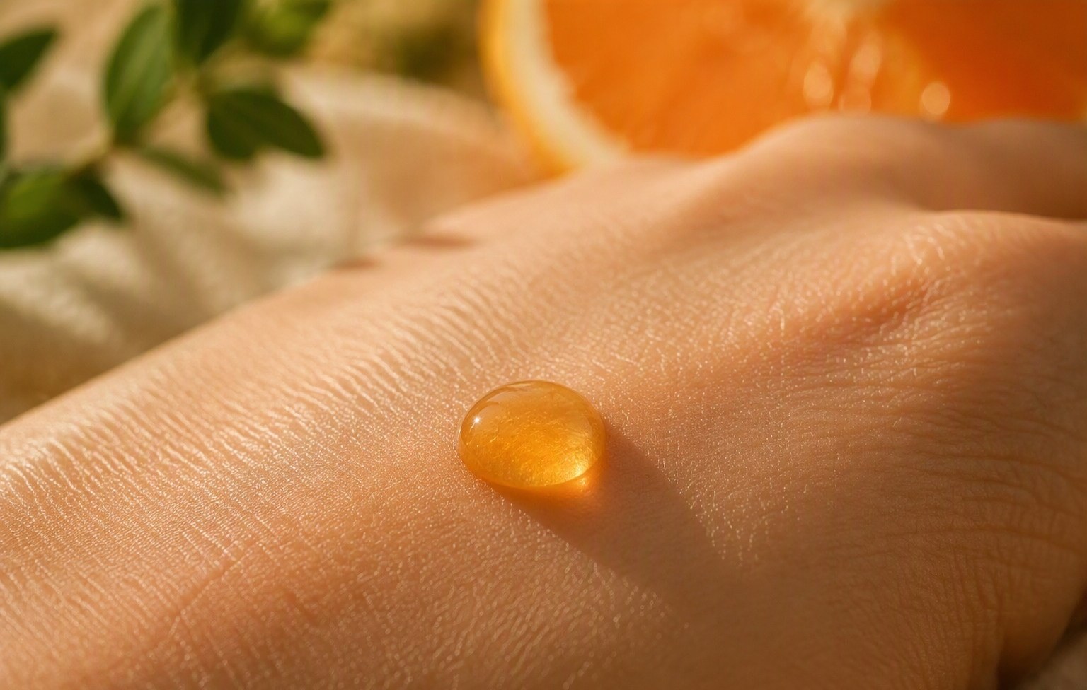A drop of golden sea buckthorn oil on the back of a hand