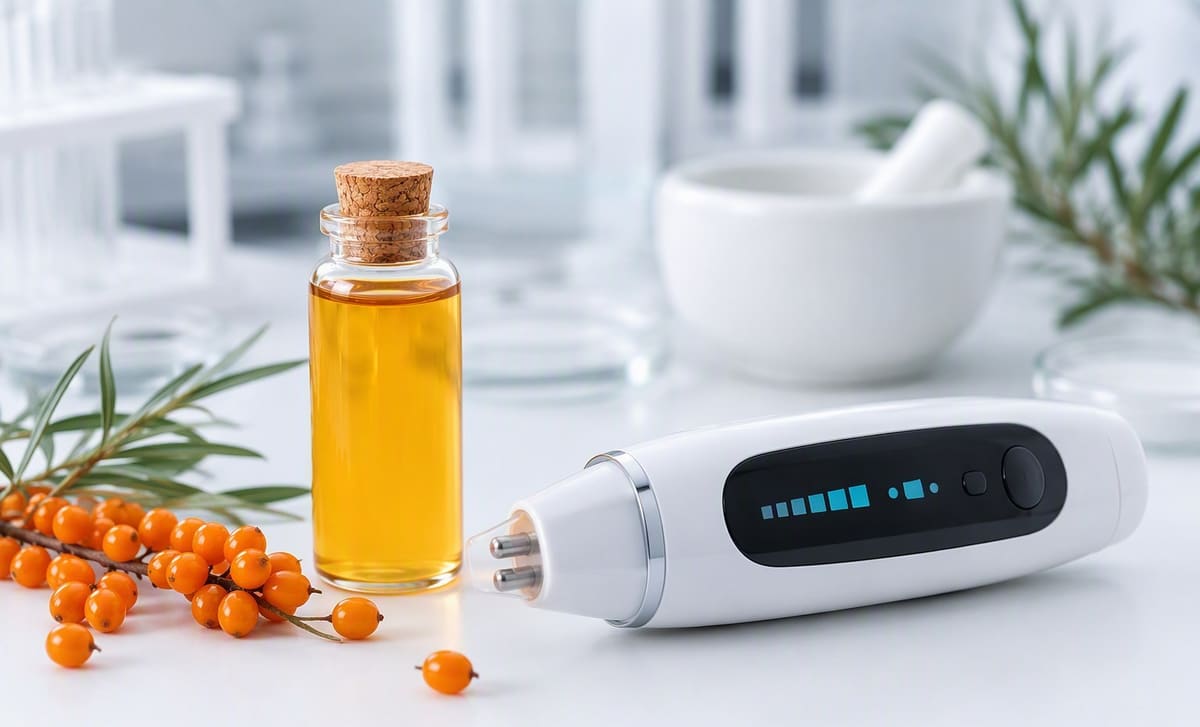 A skin hydration meter beside a bottle of golden sea buckthorn oil and fresh berries on a dermatology desk