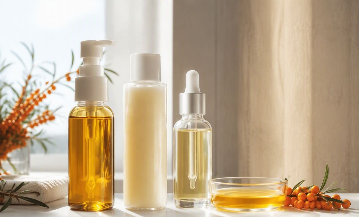 Three plain skincare bottles and a dish of golden sea buckthorn oil in a row on a bright shelf
