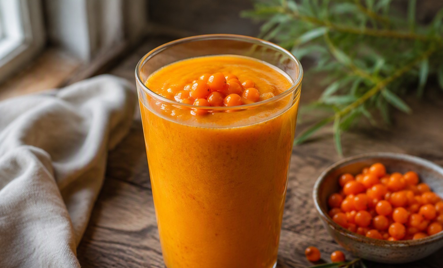 A tall glass of thick orange sea buckthorn smoothie topped with fresh berries