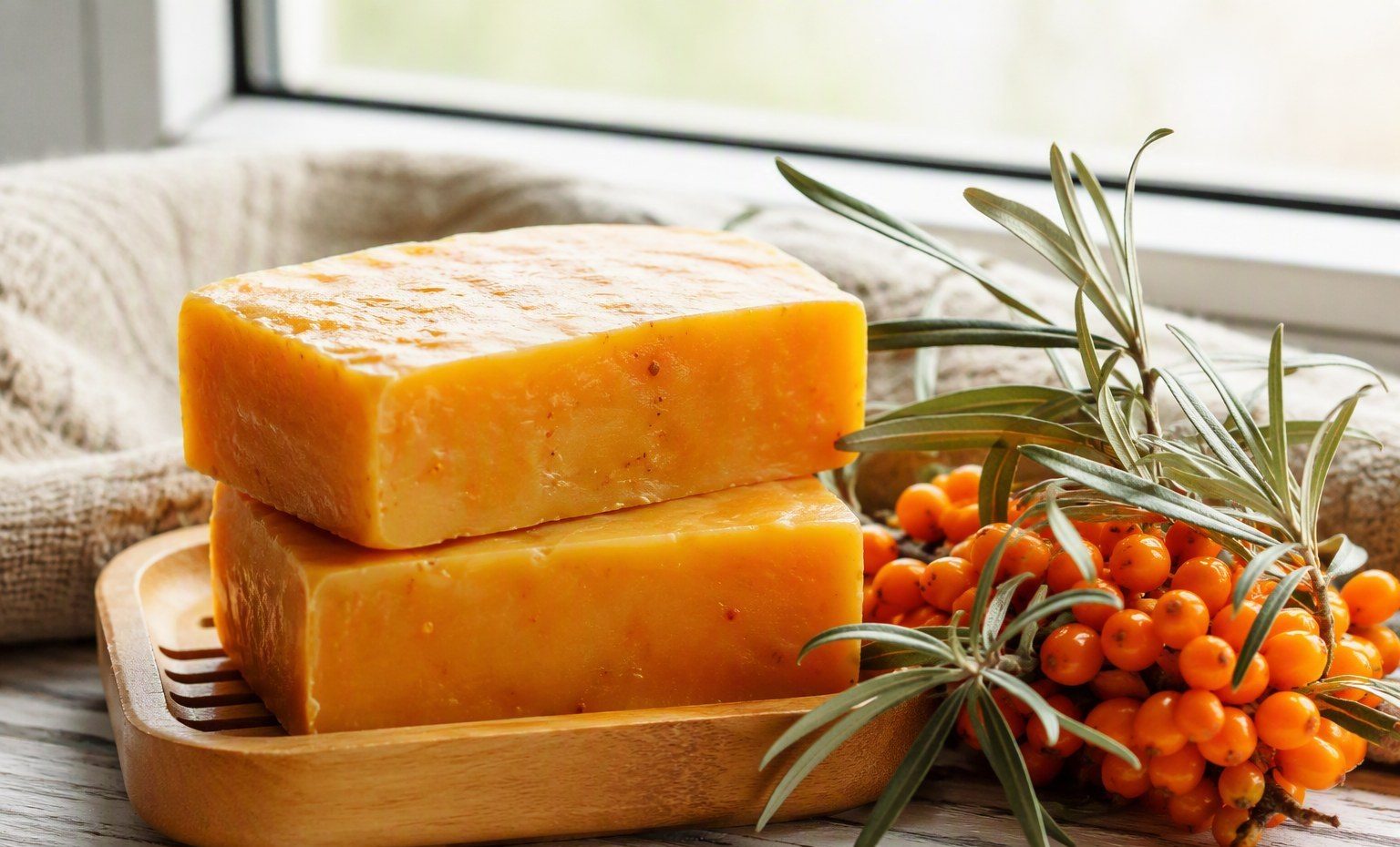 Two orange sea buckthorn soap bars stacked on a wooden dish with fresh berries and leaves