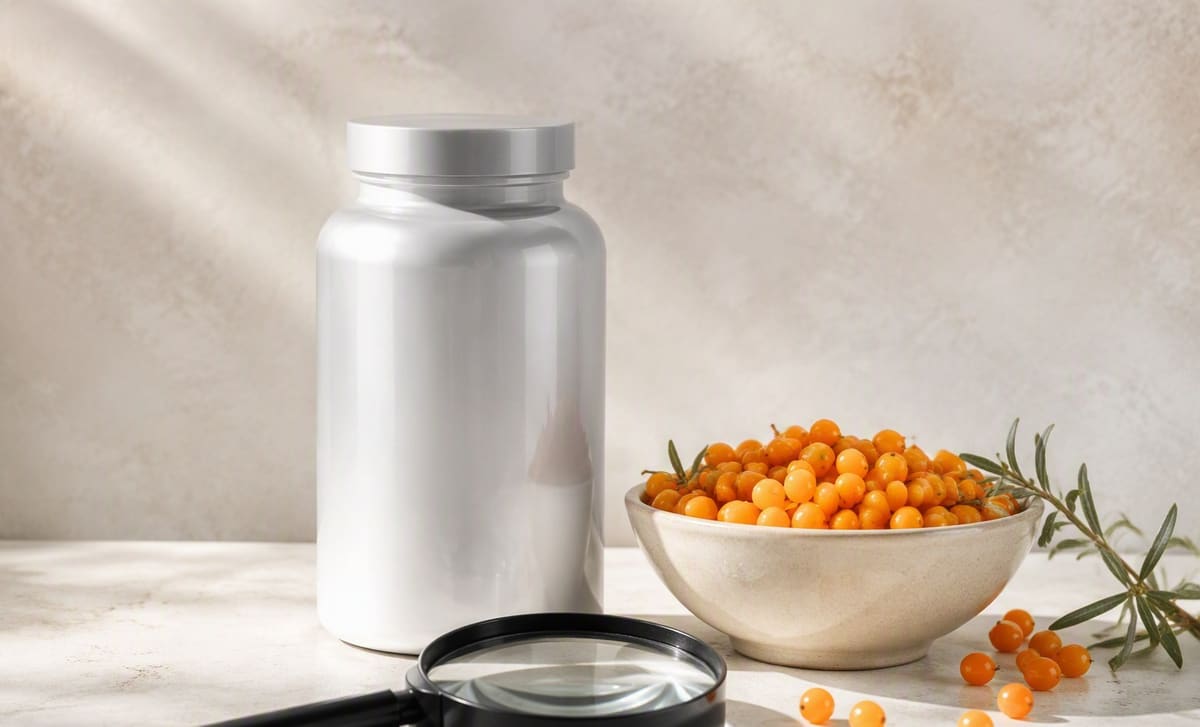 A plain supplement bottle beside a bowl of sea buckthorn berries and a magnifying glass