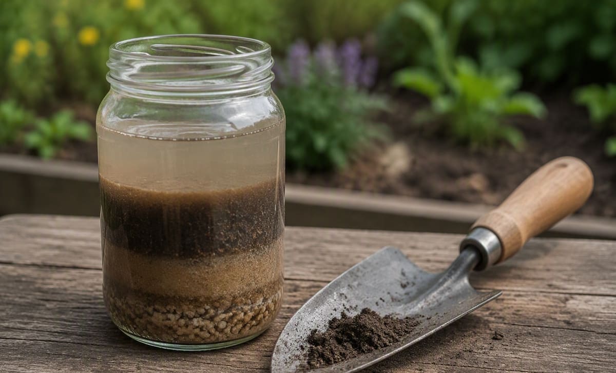 A glass jar of settled soil layers beside a garden trowel on a bench