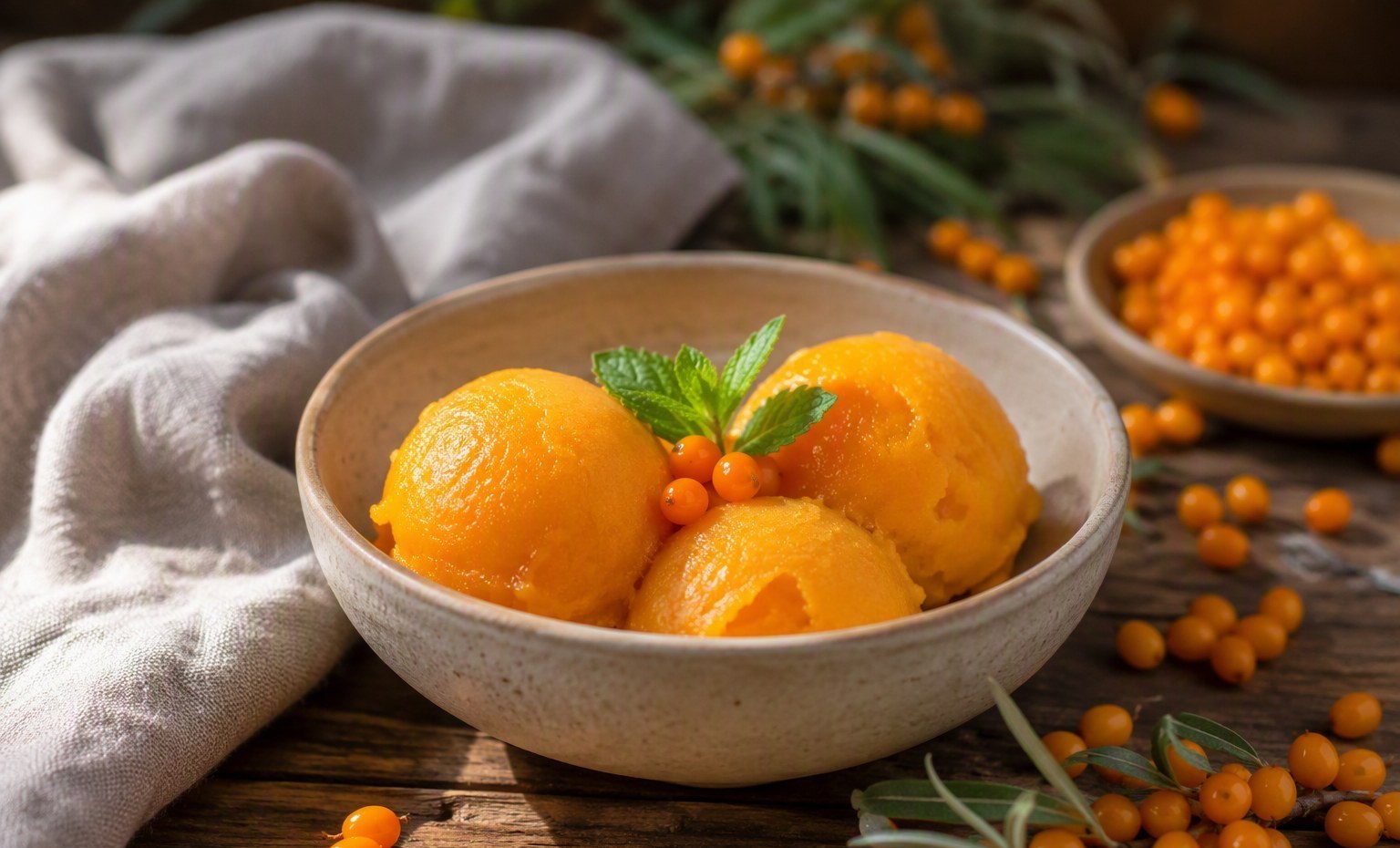 Three scoops of vivid orange sea buckthorn sorbet in a stoneware bowl with mint