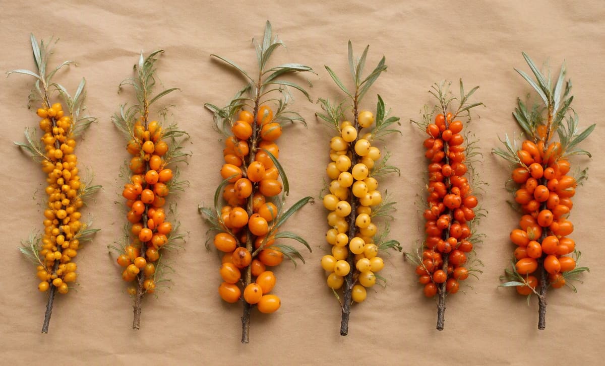 Sea buckthorn branches with different berry sizes arranged in a row on kraft paper