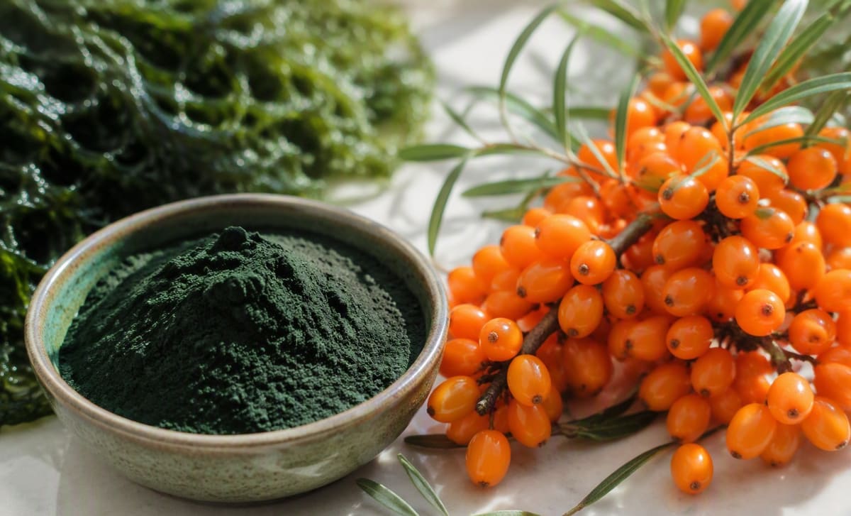Sea buckthorn berries beside a bowl of deep green spirulina powder on a bright counter