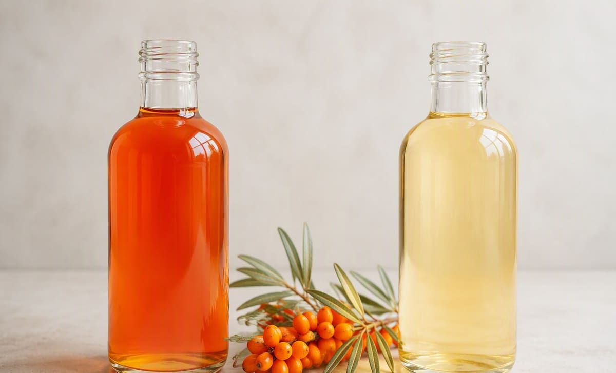 Deep orange sea buckthorn oil beside a pale diluted lookalike, the real and the suspect