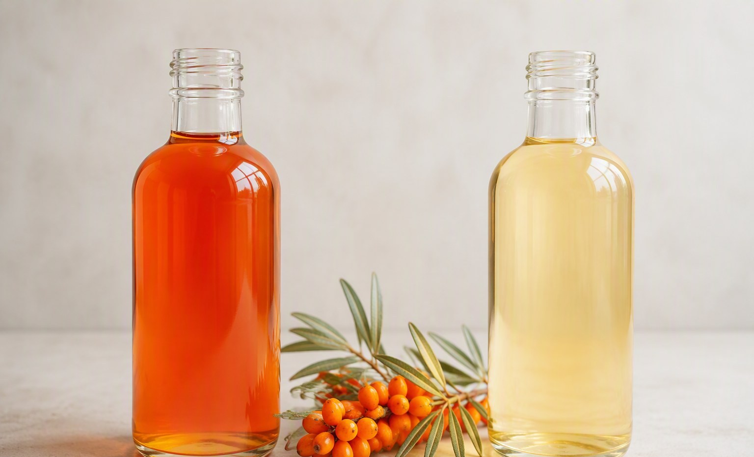 Deep orange sea buckthorn oil beside a pale diluted lookalike, the real and the suspect