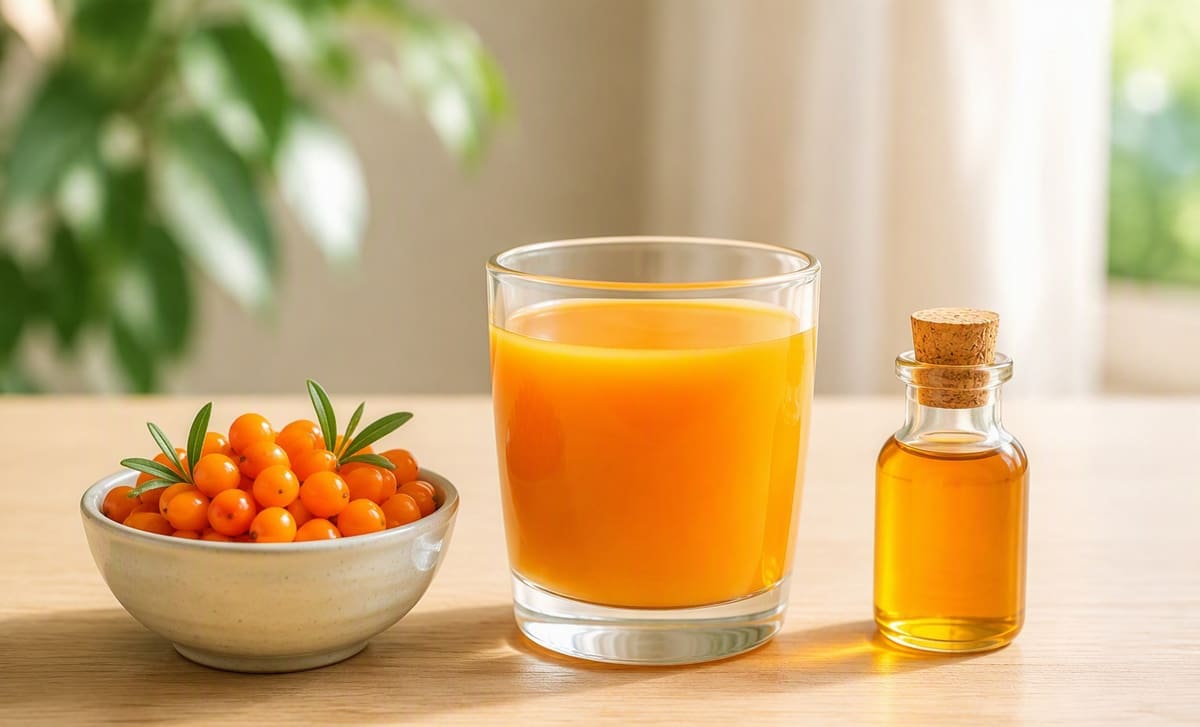 A bowl of berries, a juice glass, and a tiny oil bottle lined up for beginners