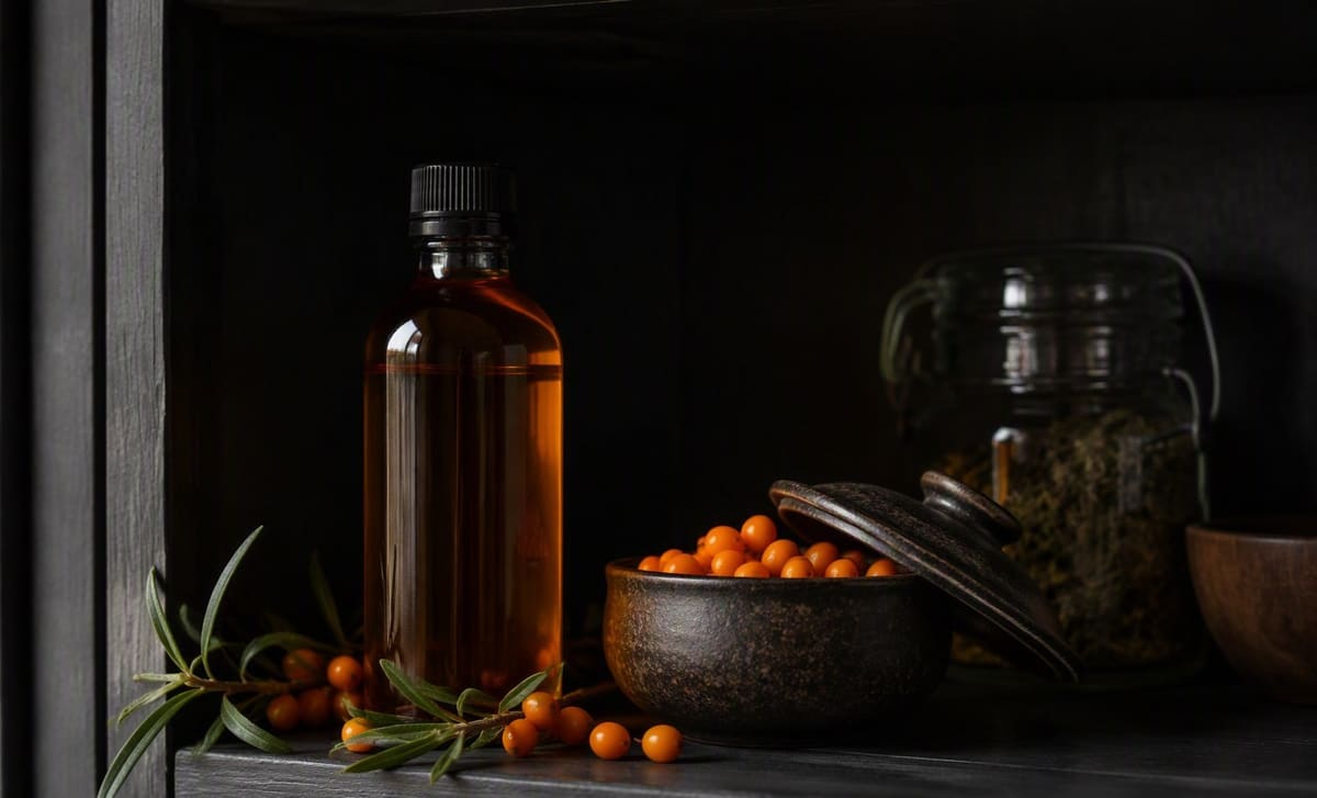 A dark amber bottle of sea buckthorn oil on a dark pantry shelf beside a covered bowl of berries