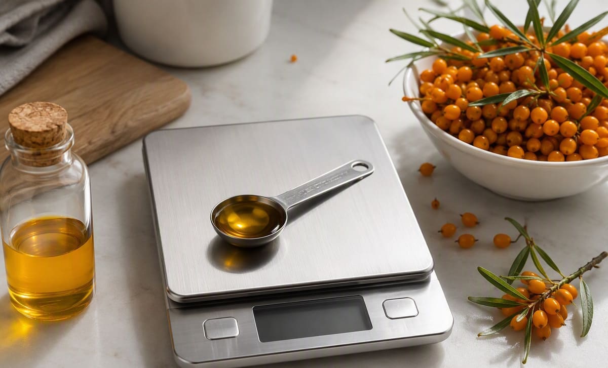 A digital kitchen scale holding a measured spoon of golden sea buckthorn oil beside fresh berries