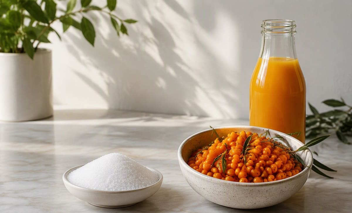 A dish of white sugar beside sea buckthorn berries and a bottle of orange juice