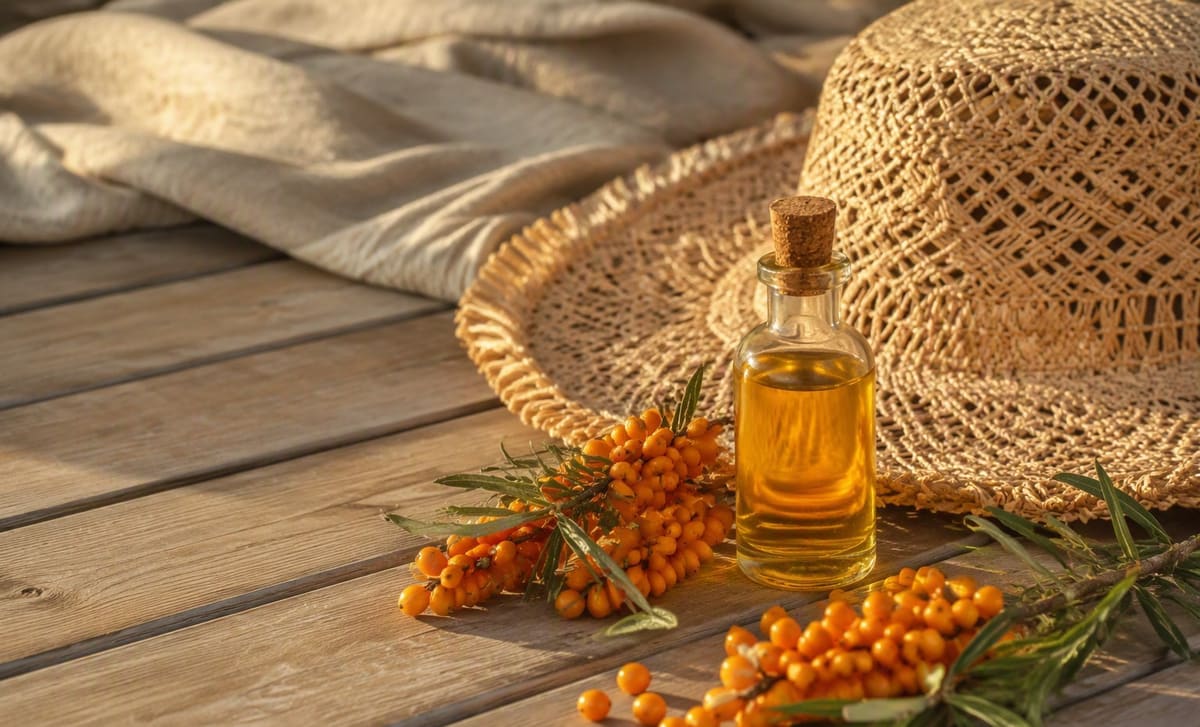 A straw sun hat beside a bottle of golden sea buckthorn oil and fresh berries on a wooden deck