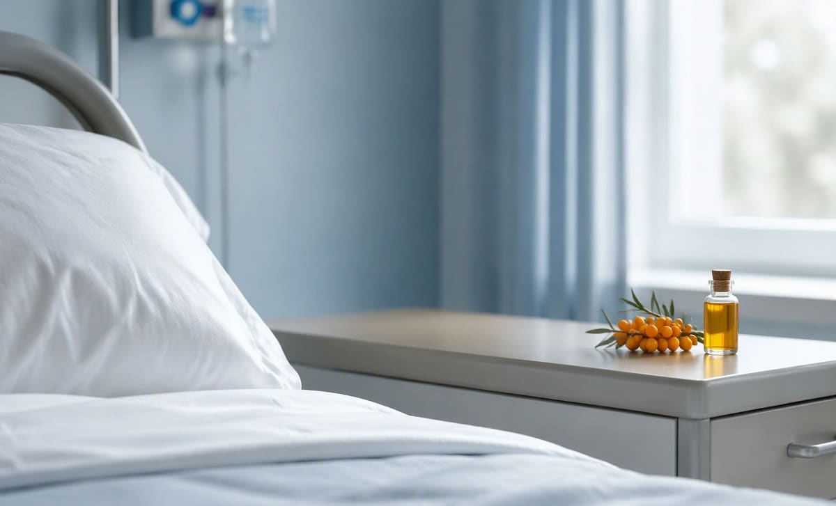 Sea buckthorn berries and an oil bottle set aside on a clean bedside table