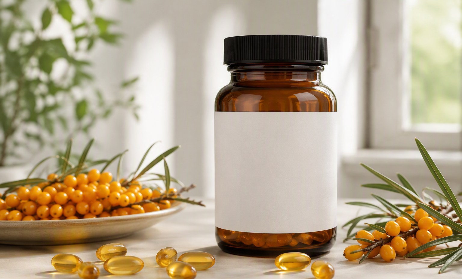 An amber supplement bottle with a blank label and scattered sea buckthorn softgels with berries