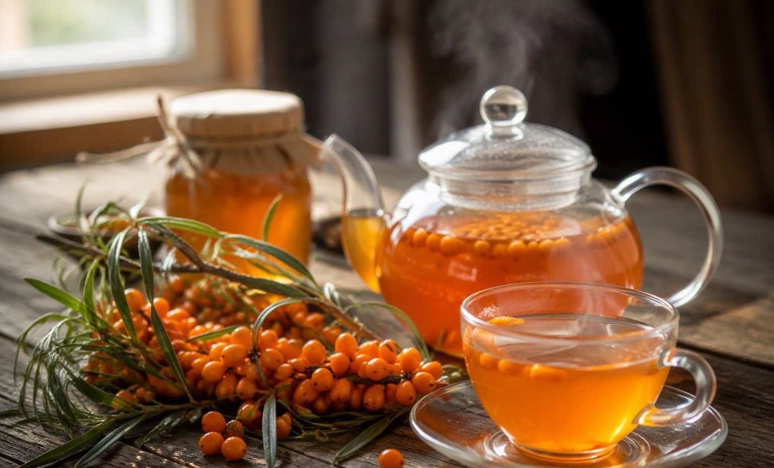A glass teapot and cup of amber sea buckthorn tea beside a branch of fresh berries