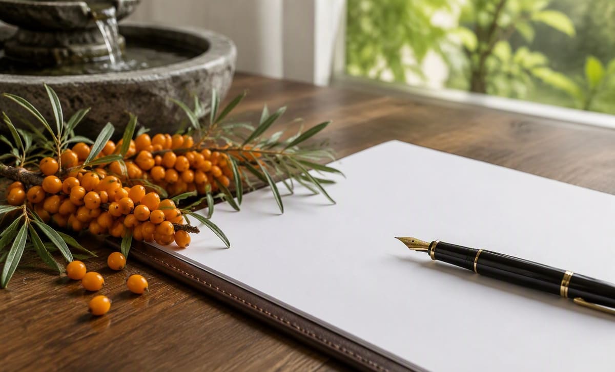 Sea buckthorn berries beside a fountain pen on a blank document