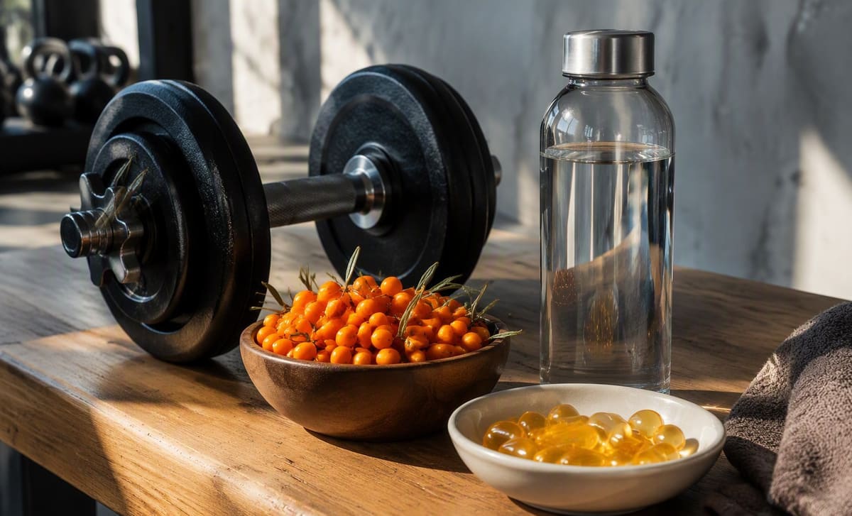 A dumbbell, water bottle, sea buckthorn berries, and oil capsules on a wooden bench
